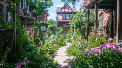 Canvas Print - Stone Path Through Lush Backyard Garden with Flowers and Brick Houses