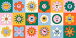© Yelyzaveta - Groovy cartoon flower characters. Cute colorful retro 60s 70s 80s 90s floral hippie funky plants, abstract Y2k funny blossom faces. Vector isolated set