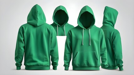 Blank green hoodie in front and back view, mockup, white background, 