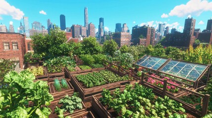 Wall Mural - Urban Rooftop Garden with Greenhouses and Cityscape View