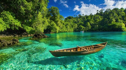 Sticker - Tropical Lagoon with Wooden Boat and Clear Turquoise Water