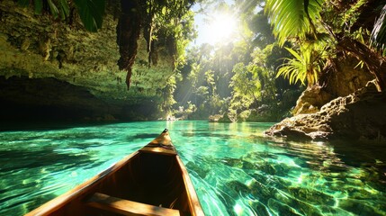 Canvas Print - Tropical Lagoon Kayaking Adventure  Sunbeams Through Jungle Canopy