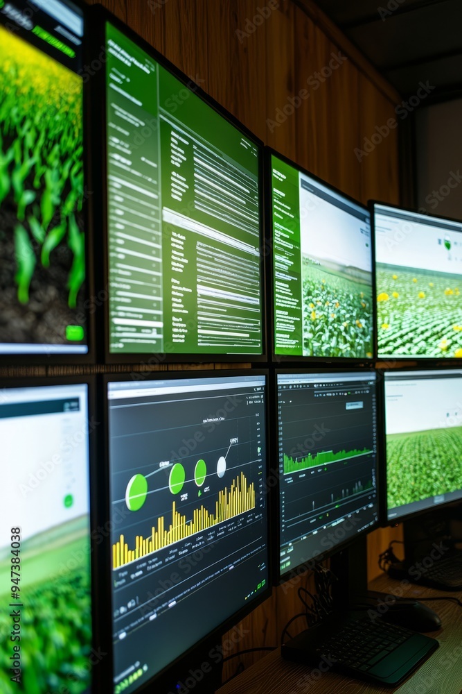 Digital dashboard in a farm office displaying crop health metrics. The ...