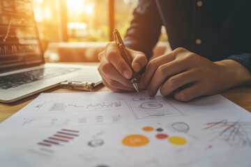 A close-up of a hand sketching out a business idea on paper, with financial charts, creative designs, and a laptop nearby, symbolizing the early stages of entrepreneurshi