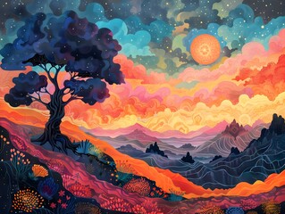 Wall Mural - Abstract Landscape with Tree and Stars.