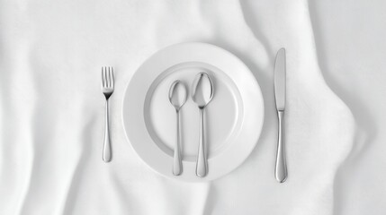 Canvas Print - 3D rendering of a top view of a plate spoon and fork set prepared for a meal on white table linen