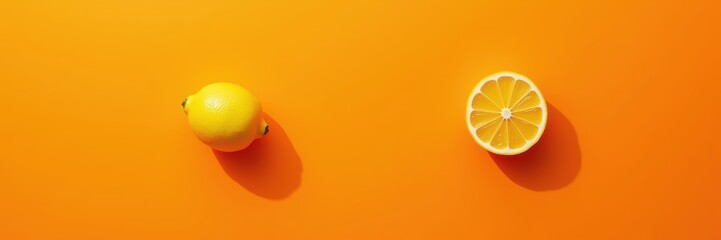 Wall Mural - Bright yellow lemon and a sliced lemon on a vibrant orange background, perfect for food-related projects, culinary arts, or health branding.