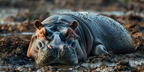 photos of a hippopotamus resting in the mud