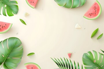 Fresh watermelon slices and green tropical leaves on a light background.