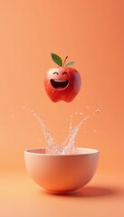 A cheerful animated apple splashes into a bowl, representing freshness and fun in food and wellness, perfect for marketing healthy products or children's items.