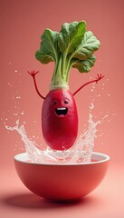 Wall Mural - Fun and playful radish character splashing in water, perfect for food-related projects, nutrition, and healthy eating promotion.