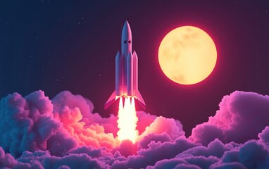 Poster - Cartoon rendering in 3D of a new space rocket launching into the sky with smoke and clouds accompanied by a full moon Space mission liftoff concept