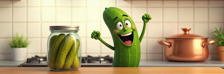 Wall Mural - Cheerful cartoon cucumber character celebrating in a cozy kitchen, perfect for food-themed illustrations, cooking blogs, and healthy eating promotions.