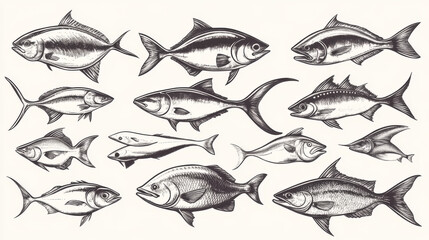 Sketch icons of various fish species, including tuna, perch, pike, salmon, and marlin. Vector set featuring saltwater sea and freshwater river fish such as flounder, catfish, and sprat mackerel, ideal