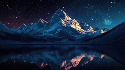Fototapete - Mountain night landscape with light painting in 3D cartoon rendering