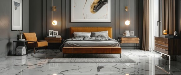 Elegant bedroom with art, golden lamps and stylish bed with velvet, ocher colored headboard, white marble with black veins flooring, wooden furniture, empty posters on grey wall. Mockup. 3D Rendering