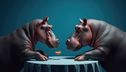 Two whimsical hippos sitting at a table, gazing at each other over a cocktail, representing fun and unique dining experiences for creative marketing concepts.