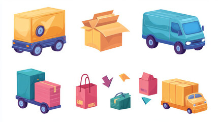 Icons for free delivery, featuring a truck and arrow for shipping or courier services, with 24-hour express order symbols. Free delivery stickers include a van, parcel box, and mail package for expres