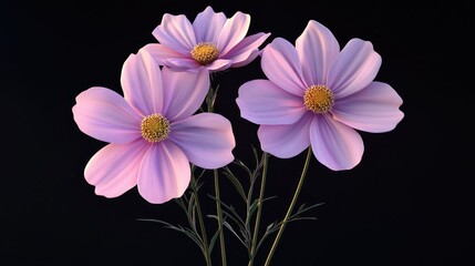 Fototapete - Light pink Cosmos flowers isolated on a black background in 3D cartoon rendering