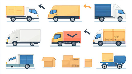 Icons for free delivery, featuring a truck and arrow for shipping or courier services, with 24-hour express order symbols. Free delivery stickers include a van, parcel box, and mail package for expres