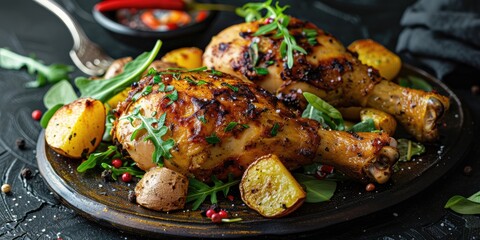 Wall Mural - Homemade Chicken Drumsticks Accompanied by Crispy Potato Sides