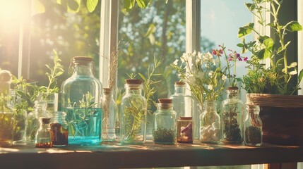 Poster - Glass Jars With Herbs  Flowers   Pills on Windowsill