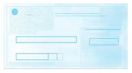 Blank bank check template with a blue guilloche pattern, presented as a vector mockup. Includes a money payment check voucher or pay cash check certificate, featuring a guilloche design for an account