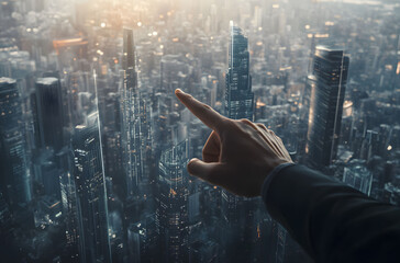 Wall Mural - Businessman pointing at a holographic city skyline with buildings and skyscrapers. Ideal for real estate and urban development concepts, symbolizing future construction plans.