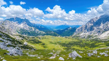 Poster - Mountain Landscape with Green Valley and Cloudy Sky