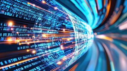 Abstract Digital Data Stream Tunnel with Blue and Orange Lights