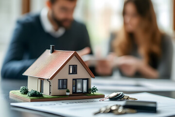 Close-up of a miniature house model and keys, with a real estate agent and a couple signing a contract in the blurred background.