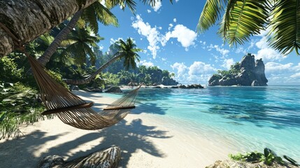 Sticker - Tropical Paradise Beach with Hammock and Palm Trees