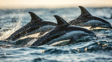 Wall Mural - Three Dolphins Leaping Through Sparkling Ocean Water