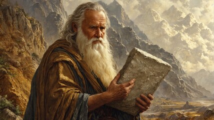 Painting old man long white beard robe standing Moses Holding th