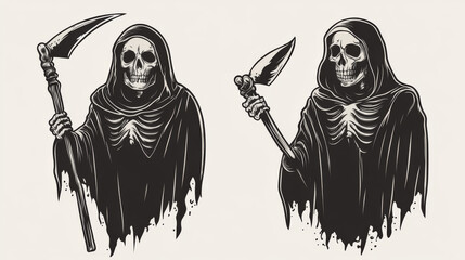 Skeletal death characters, with and without a scythe, suitable for Halloween, logos, religious symbols, or tattoo designs.