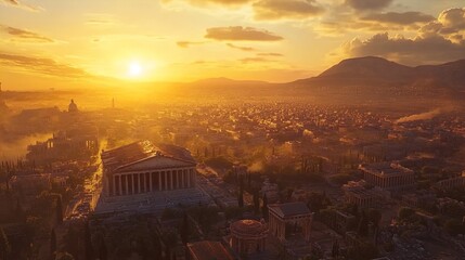 An aerial view of an ancient city bathed in the warm glow of the setting sun. The image is dominated by historic ruins and classic architecture, including columns and temples. Lush green trees intersp