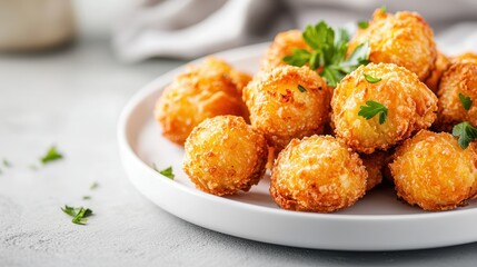 Crispy Potato Balls with Parsley Garnish on a White Plate.