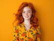 © happysunstock - Cheerful Redhead Woman in Pumpkin Dress Against Vibrant Orange Backdrop, Generate Ai