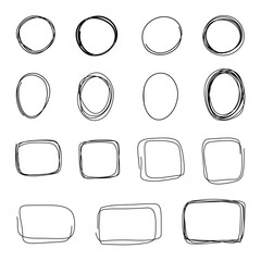 A large set of painted abstract black frames of round, square shape isolated on white. An empty element for a design with text, decoration. Graphic geometric shapes. A collection of circles, ovals.