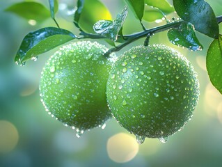 Vivid Lime on Branch: Whimsical 3D Render with Glistening Water Droplets on Soft Aqua Background