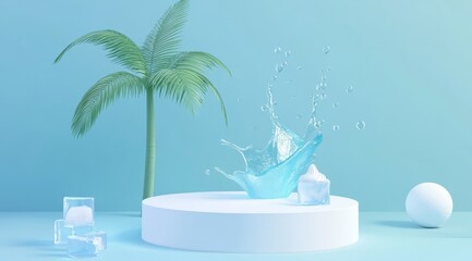 3D render of a podium with summer beach elements, a blue background