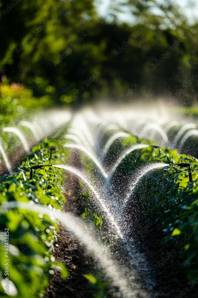 Smart irrigation system with adjustable sprinkler heads watering rows ...