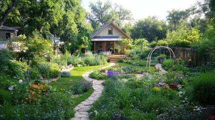 Poster - Colorful Flower Garden with Stone Pathway and Backyard Cottage