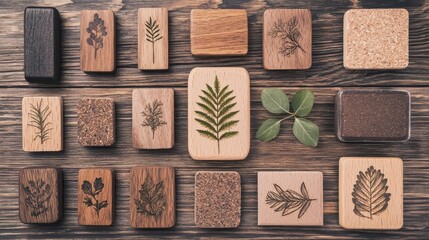 Poster - Wooden Tiles with Engraved Leaves and Plants on Rustic Background