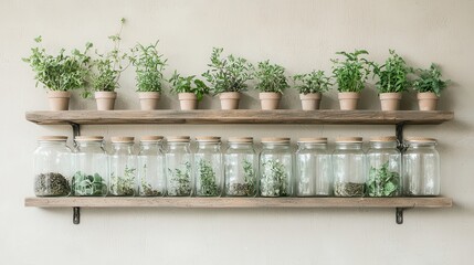 Poster - Rustic Wooden Shelf With Glass Jars   Green Plants