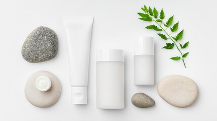 White Cosmetic Bottles and Jars with Stones and Greenery on White Background