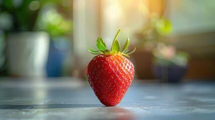 Wall Mural - A single red strawberry on a surface