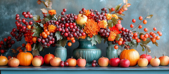 Wall Mural - Thanksgiving-themed autumn decor on blue table top, creating a warm and festive atmosphere for a holiday dining celebration.