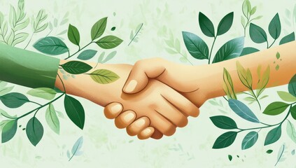 a handshake between two hands adorned with green leaves, symbolizing the intensity of environmental 