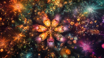 Wall Mural - Colorful fireworks in a star shaped pattern creating a vibrant abstract display with a blend of scattered firework symbols